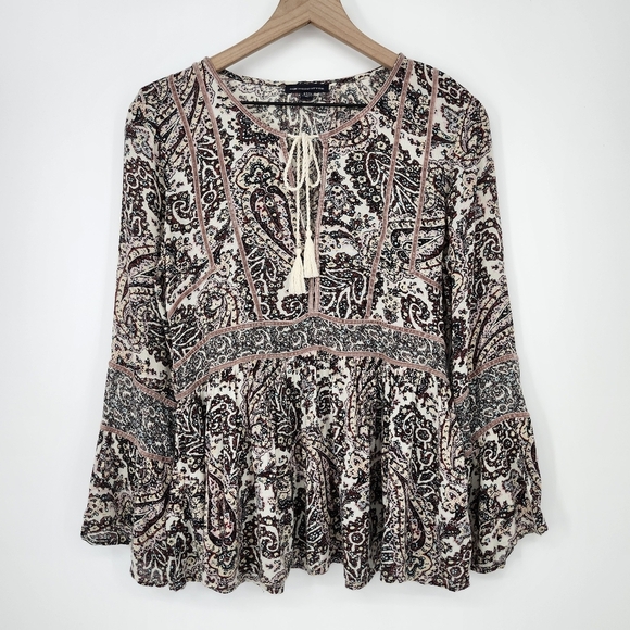 American Eagle Outfitters Womens Peasant Top Size‎ S Paisley Velvet Trim Boho - Picture 9 of 9